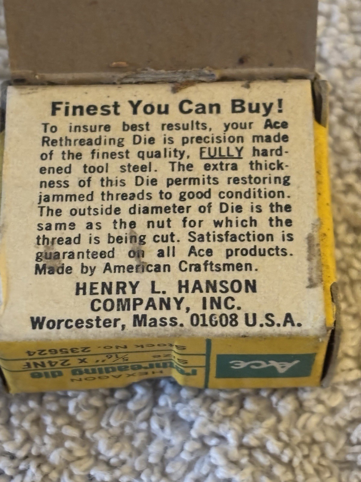 Vintage 5/16” NF Carbon Steel Hex Rethreading Die Ace Made In USA NEW OLD STOCK