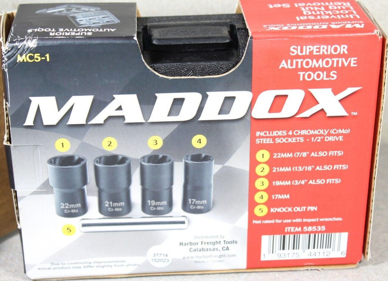 NEW Maddox Universal Locking Lug Nut Removal Set: 17mm, 19mm, 21mm & 22mm MC5-1