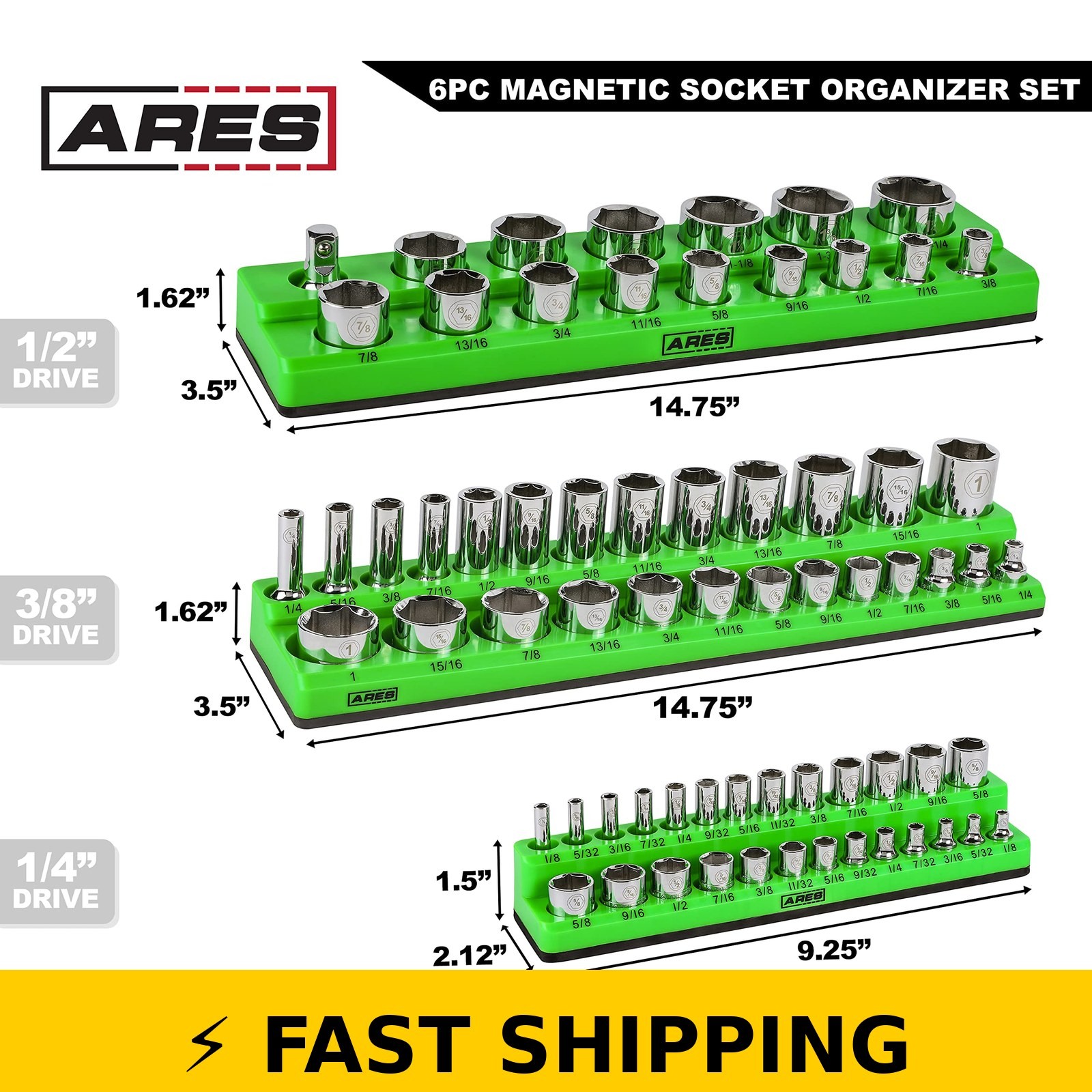 ARES 60160 Magnetic Socket Organizers Set – 1/4, 3/8, 1/2 in