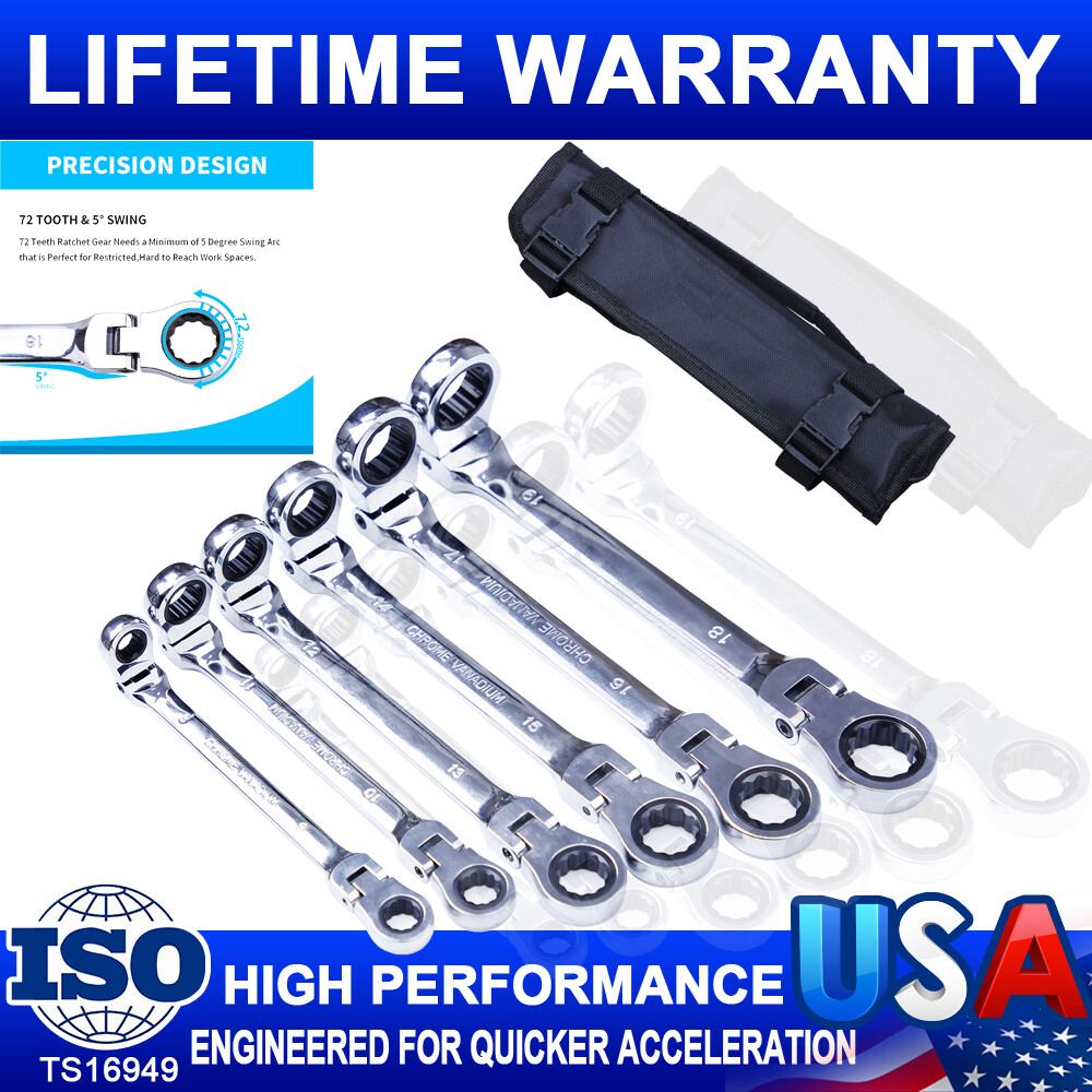 6 Pcs Long Ratcheting Wrenches Spanner Set End Flex-Head Metric w/ Carrying Bag