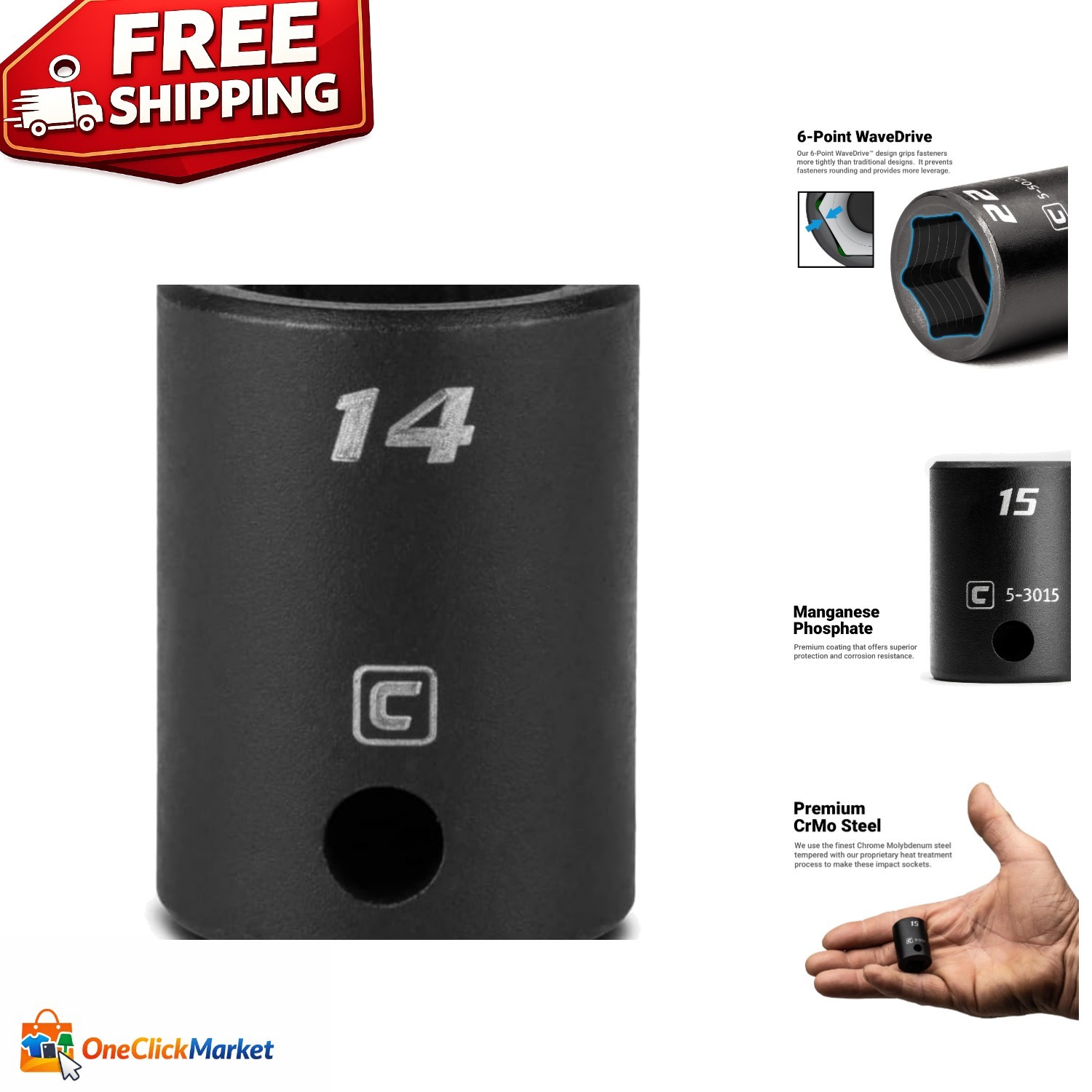 High Performance 14 mm Impact Socket, 3/8-Inch Drive, Chrome Molybdenum Steel
