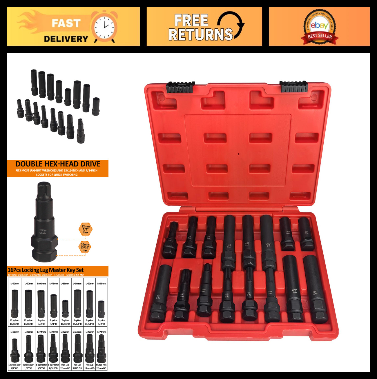 16pc Locking Lug Nut Key Set – SAE & Metric Wheel Lock Removal Kit, Spline Star