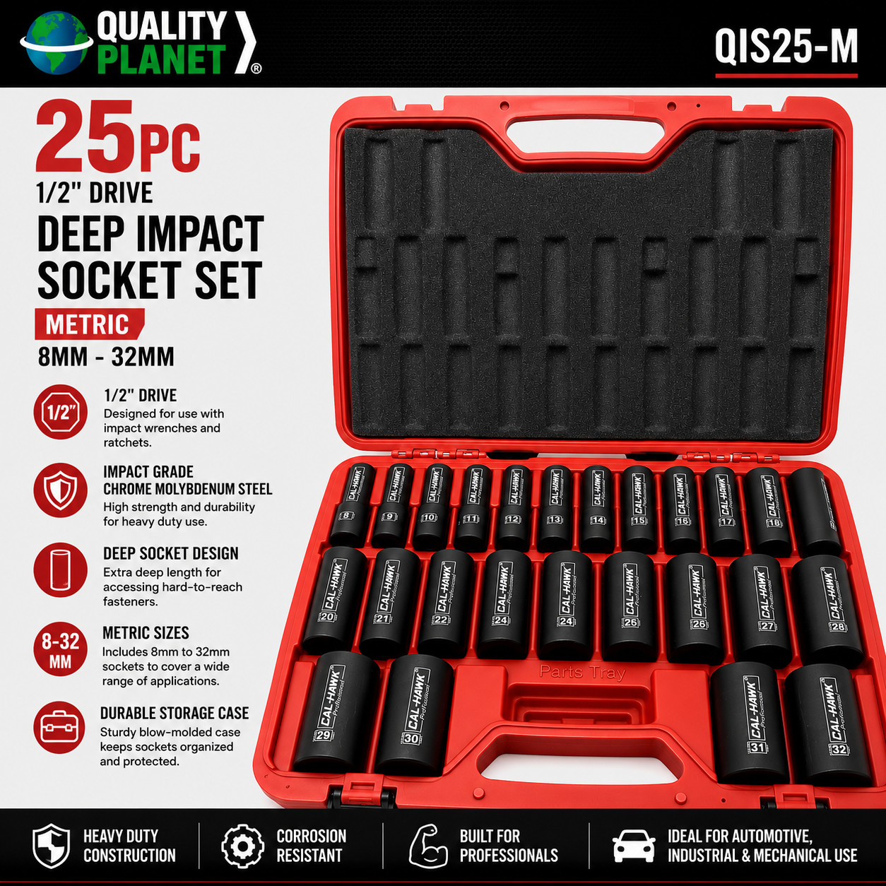 25pc 1/2″ DR. Deep Impact Socket Set (METRIC) Drive Impact Wrench Sockets 8-32mm