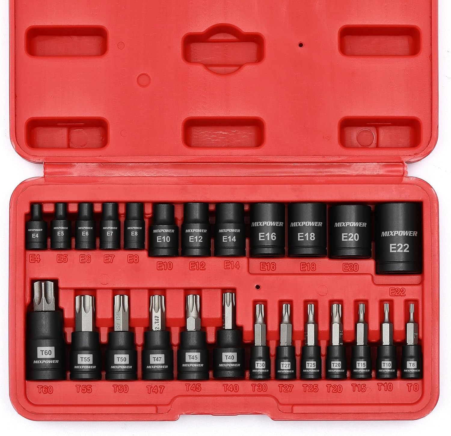 Durable 25-Piece Torx Bit & E-Torx Socket Set – Heat Treated Steel for Longevity