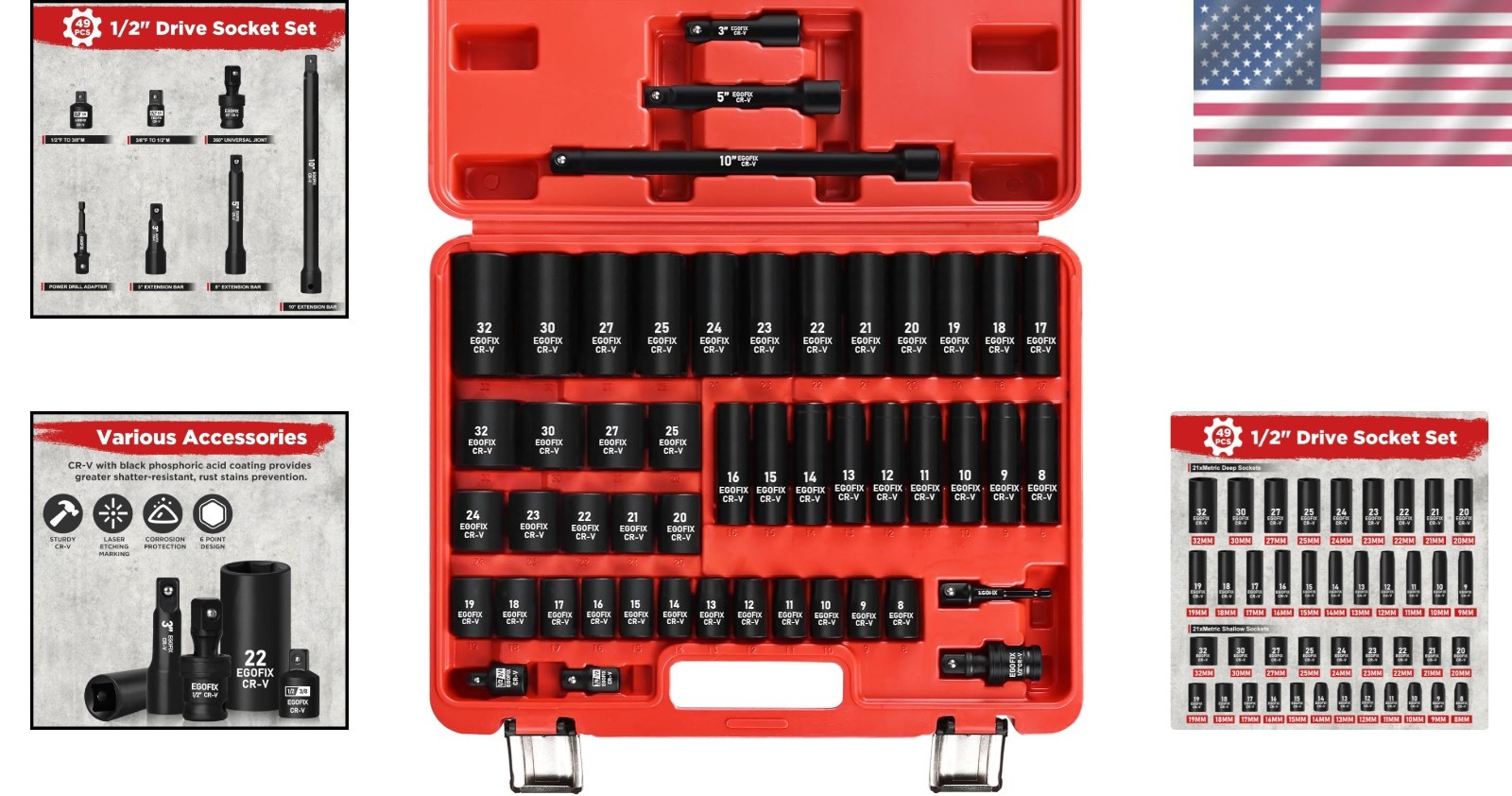 Versatile 49-Piece Metric Impact Socket Set with Universal Joint & Adapters