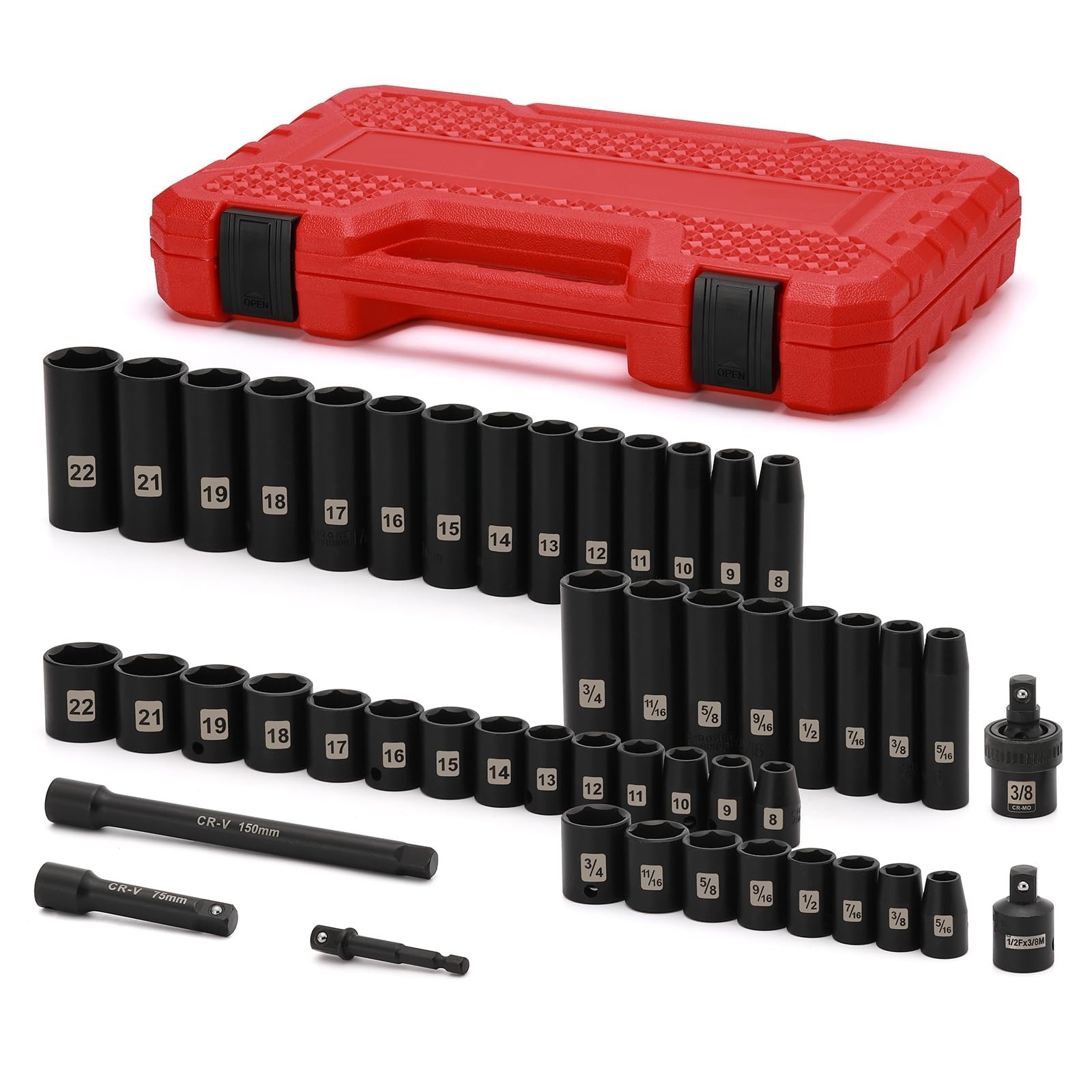 Mayouko 48 Pieces 3/8″ Drive Impact Socket Set, SAE/Metric, 6 Point, CR-V, In…