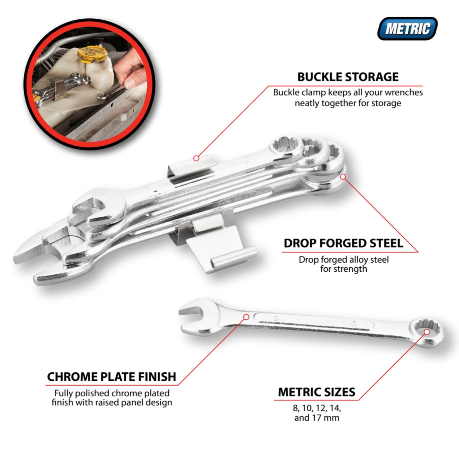 Performance Tool 1406 MM Combo Wrench Set, 5-Piece Alloy Steel Metric Sizes