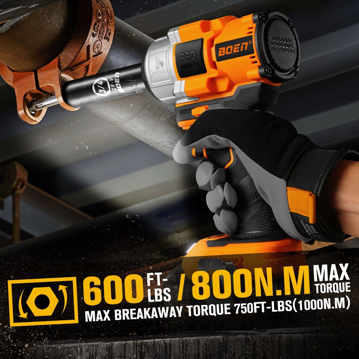 boen Cordless Impact Wrench 1/2 inch,600FT-LBS(800N.m),2200RPM High Torque,IW-75