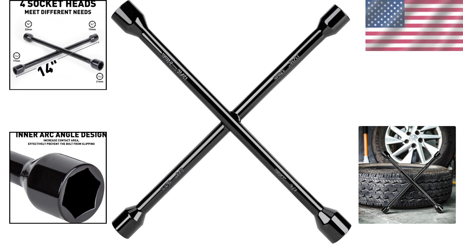 14» Professional Heavy Duty Lug Wrench – 4 Way Tool for Most Vehicles, Black