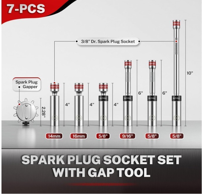 BILITOOLS 7-Piece Magnetic Swivel Spark Plug Socket Set Gap Tool 3/8-Inch Drive
