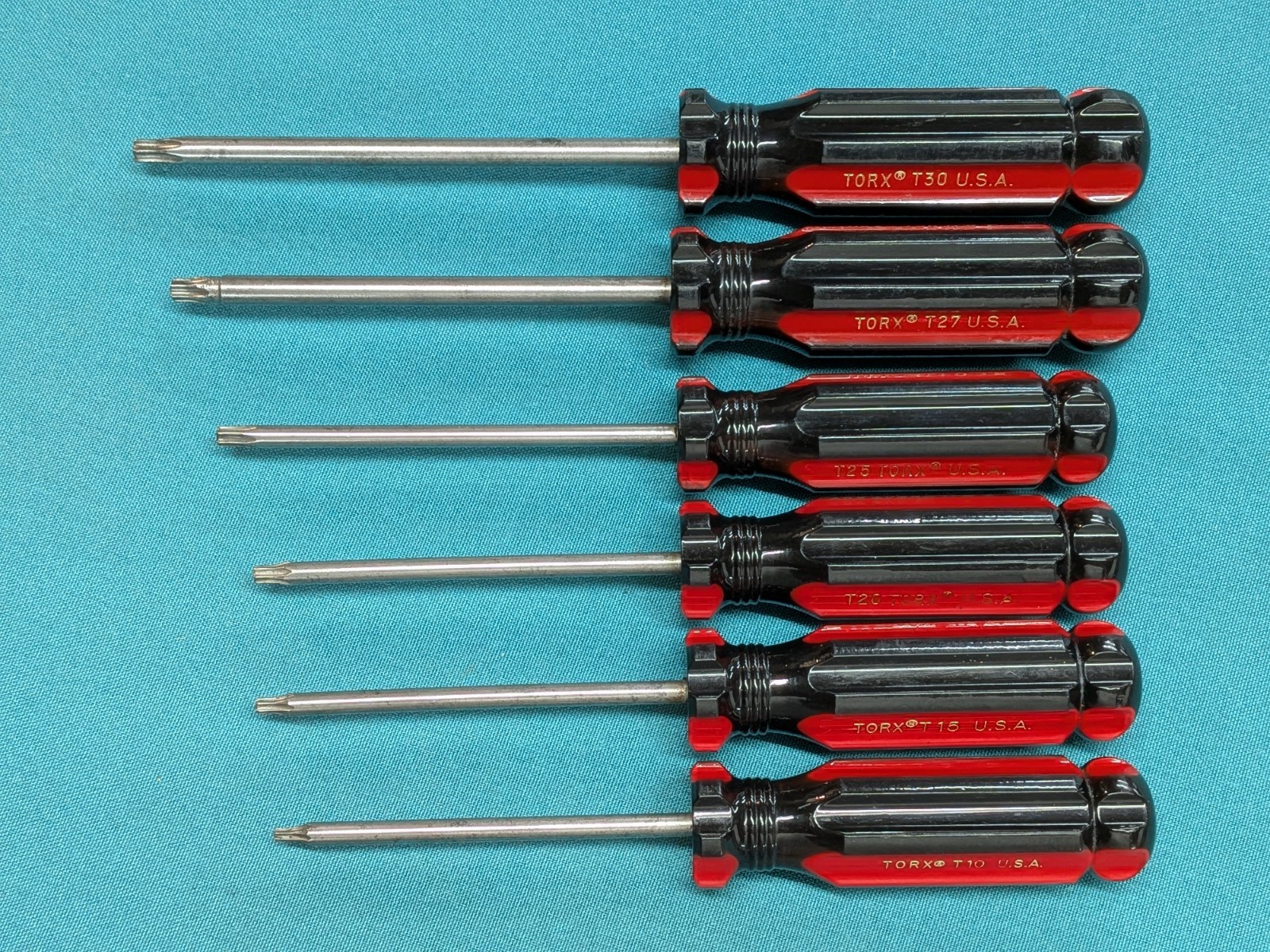 Vintage TORX ® USA 6pc Classic Screwdriver Collection T10 to T30 Red & Black VGC