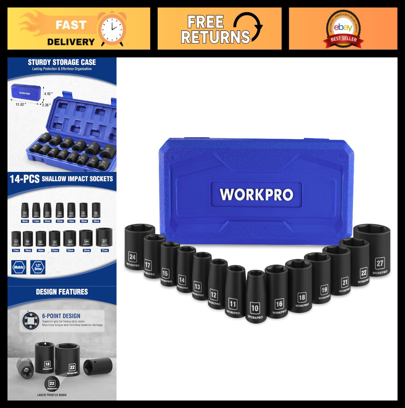 14PCS 1/2” Drive Shallow Impact Socket Set, Metric Cr-V Steel, 6-Point with Case