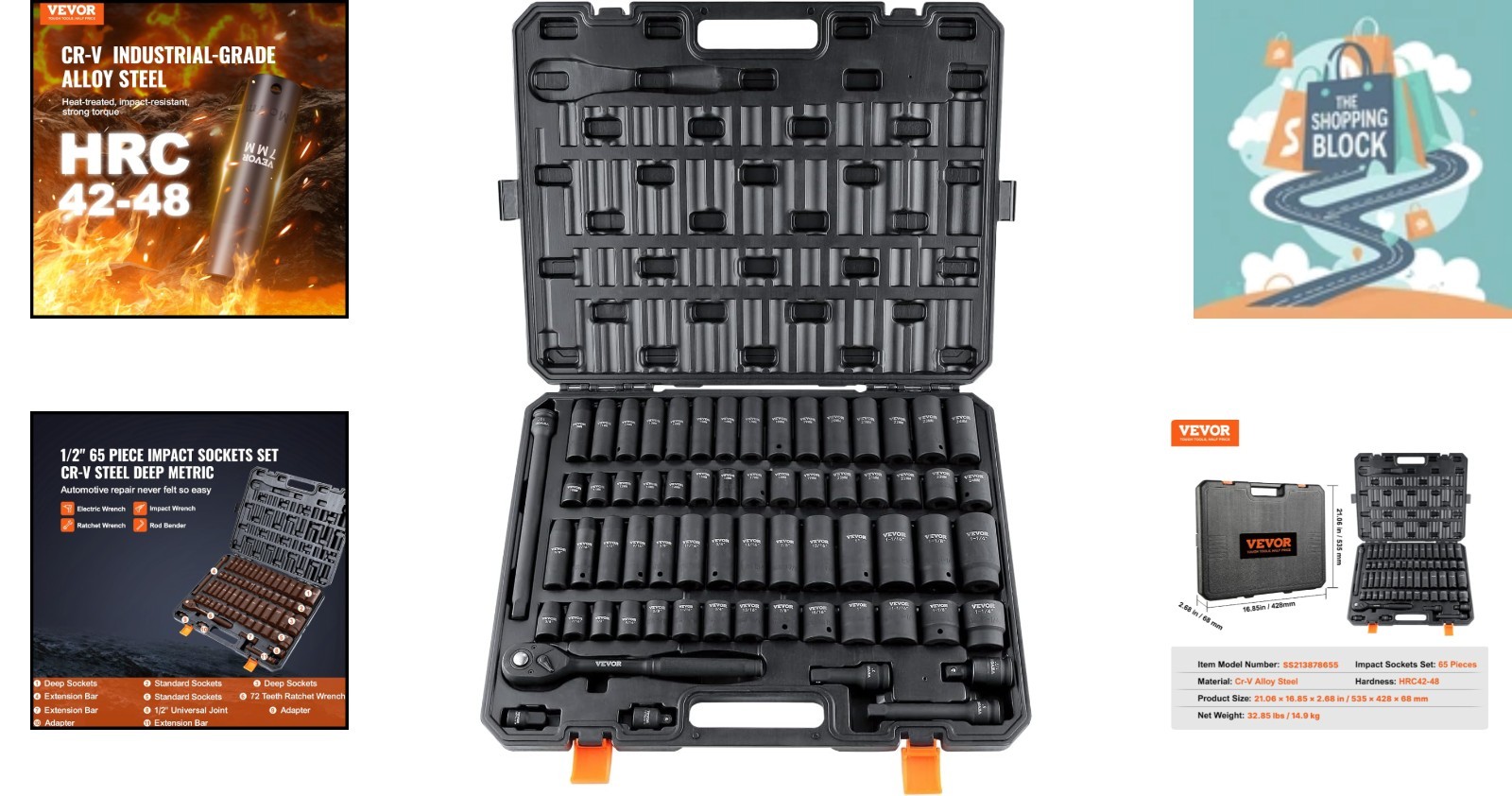 65-Piece Impact Socket Set, SAE & Metric, Chrome Vanadium Steel, Storage Case
