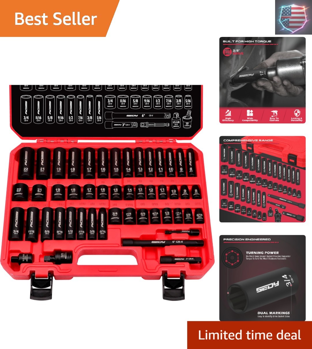 3/8″ Drive Impact Socket Set – 49-Piece SAE 5/16 to 3/4 inch and Metric 8-22m…