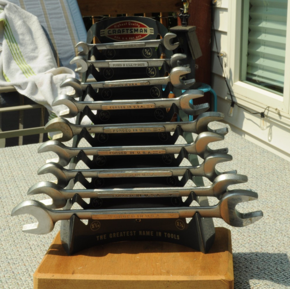 9 PC. USA CRAFTSMAN V OPEN END WRENCH SET WITH VINTAGE HOLDER