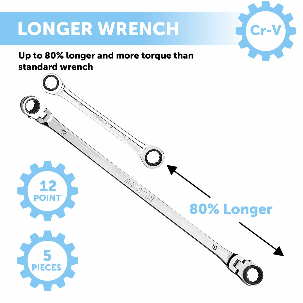 Mountain RM6, 5 Piece Metric Reversible Spline Ratcheting Wrench Set, Extra Long