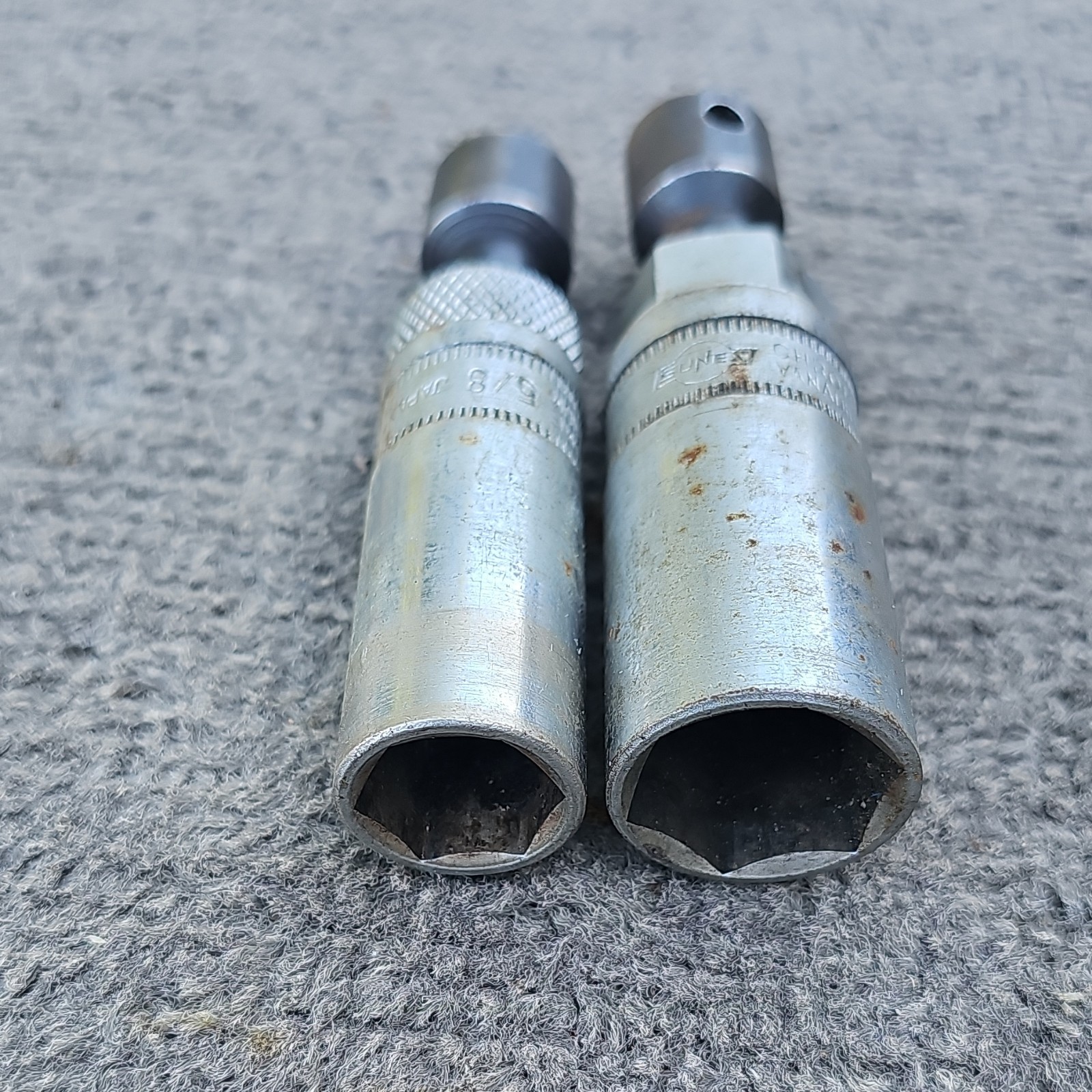 2 Sunex Brand Spark Plug Sockets, 5/8 And 13/16, 3/8 Drive Stamped JAPAN, used