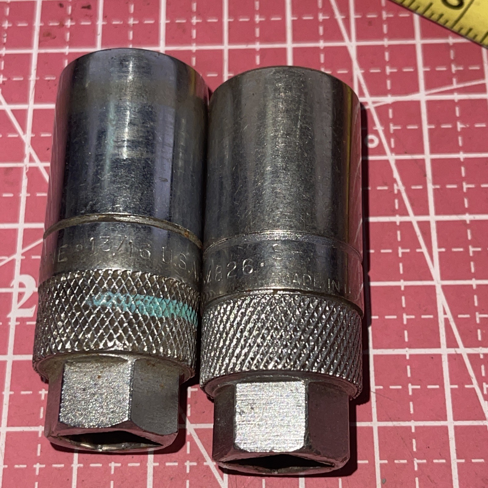 2 Pc S-K Wayne USA 4826 13/16 In SAE 1/2 Drive Spark Plug Socket Set Vintage SK