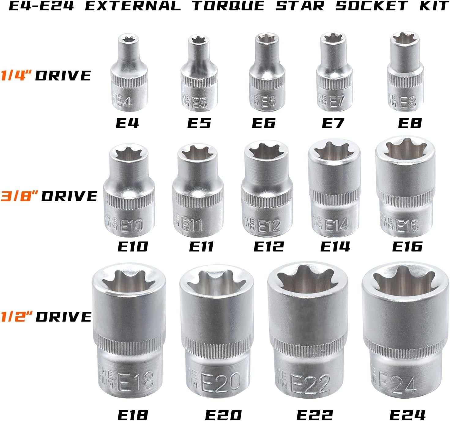 E-Torx Socket Set, 14 Piece Female Star 14 PCS – E Socket, Blue Case