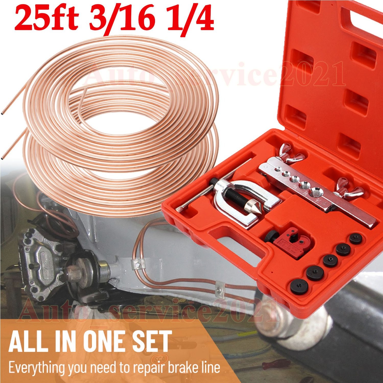 25ft 3/16 + 1/4 Copper Coated Brake Line & Double & Single Flaring Tool New