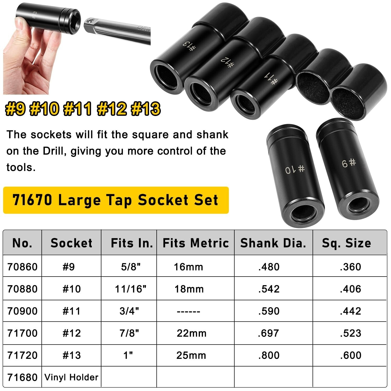 71670 Large Tap Socket Set, Fit 5/8″, 11/16″, 3/4″, 7/8″ & 1″ (16mm-25mm) Taps
