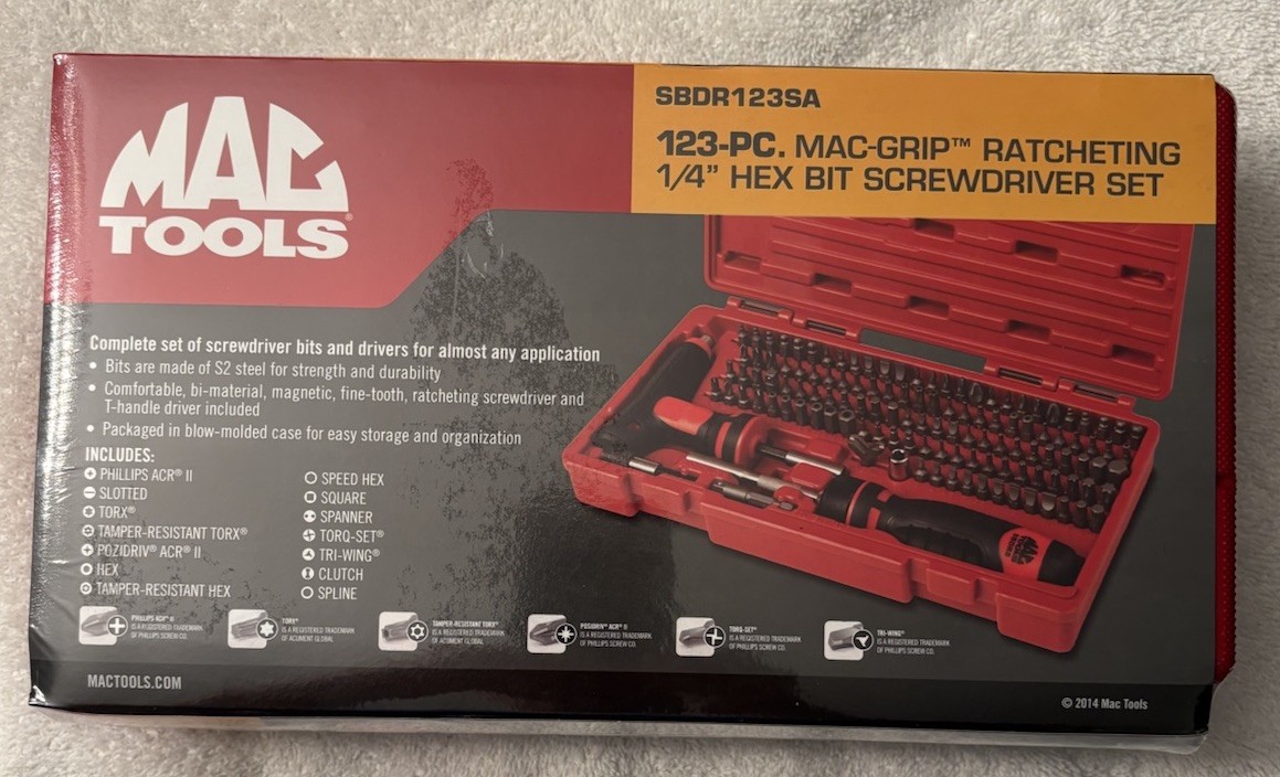 Mac Tools 123 Pc. 1/4” Mac Grip Ratcheting Hex Bit Screwdriver Set w/Case