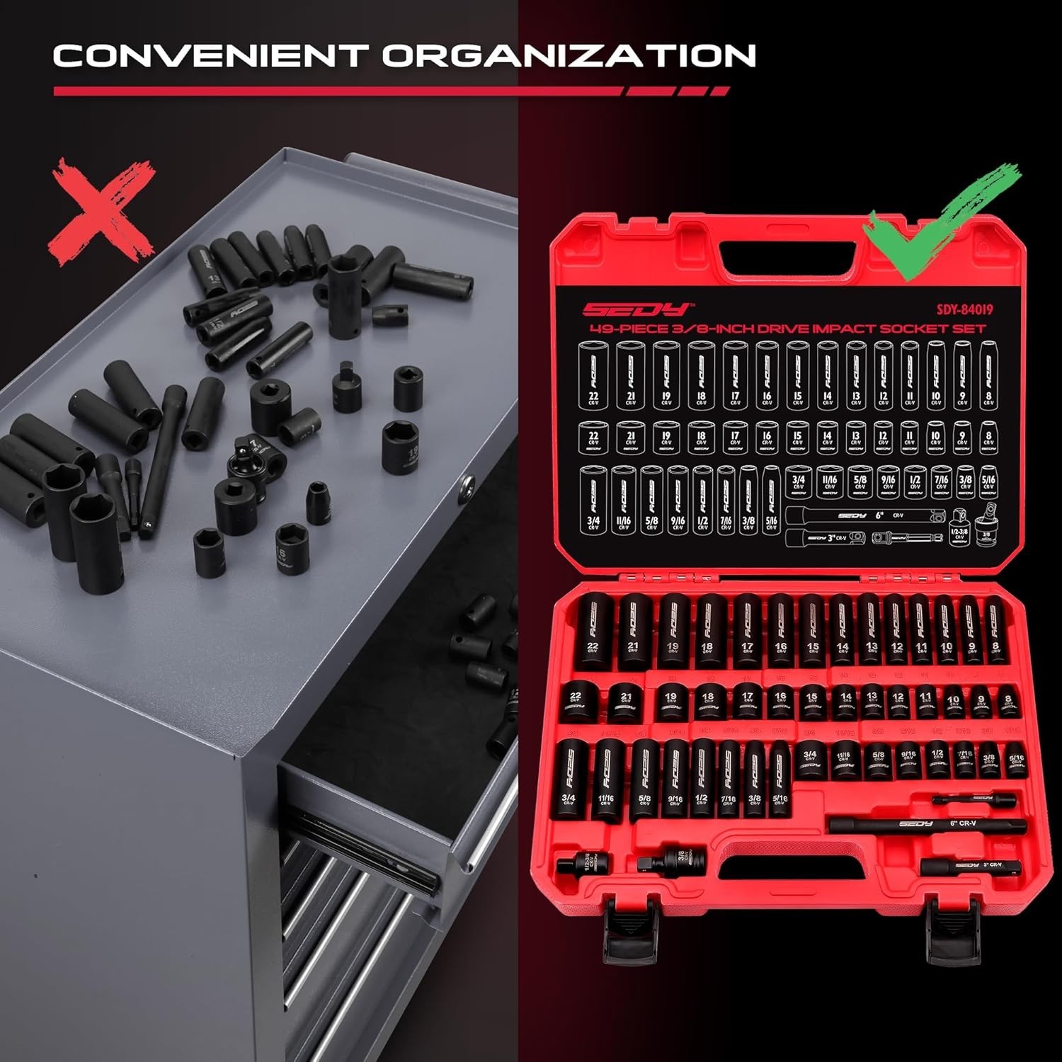 3/8″ Drive Socket Set – 49-Piece CR-V Construction