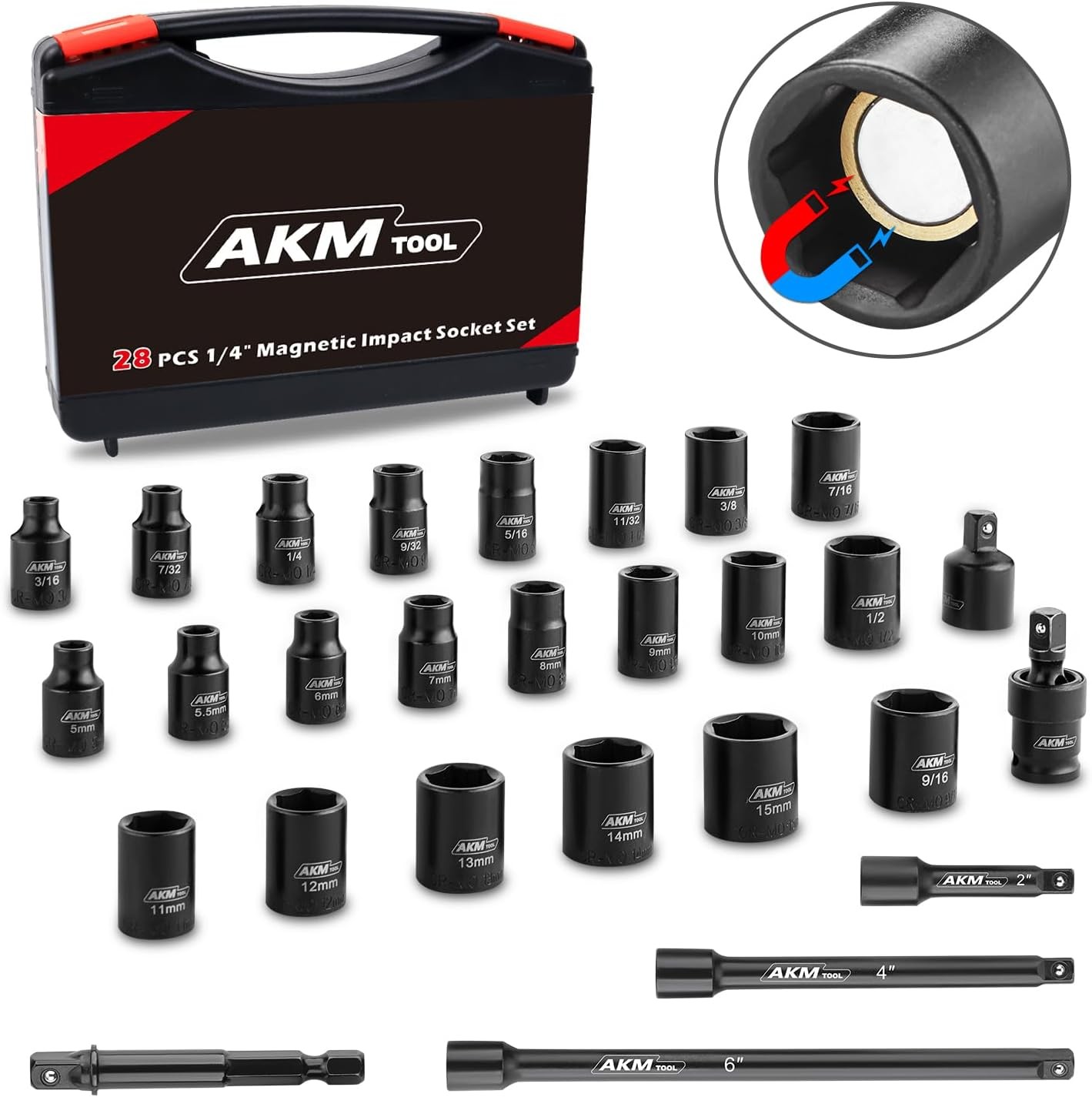 1/4 Inch Drive Magnetic 28PCS 1/4" SAE/Metric Impact Socket Set