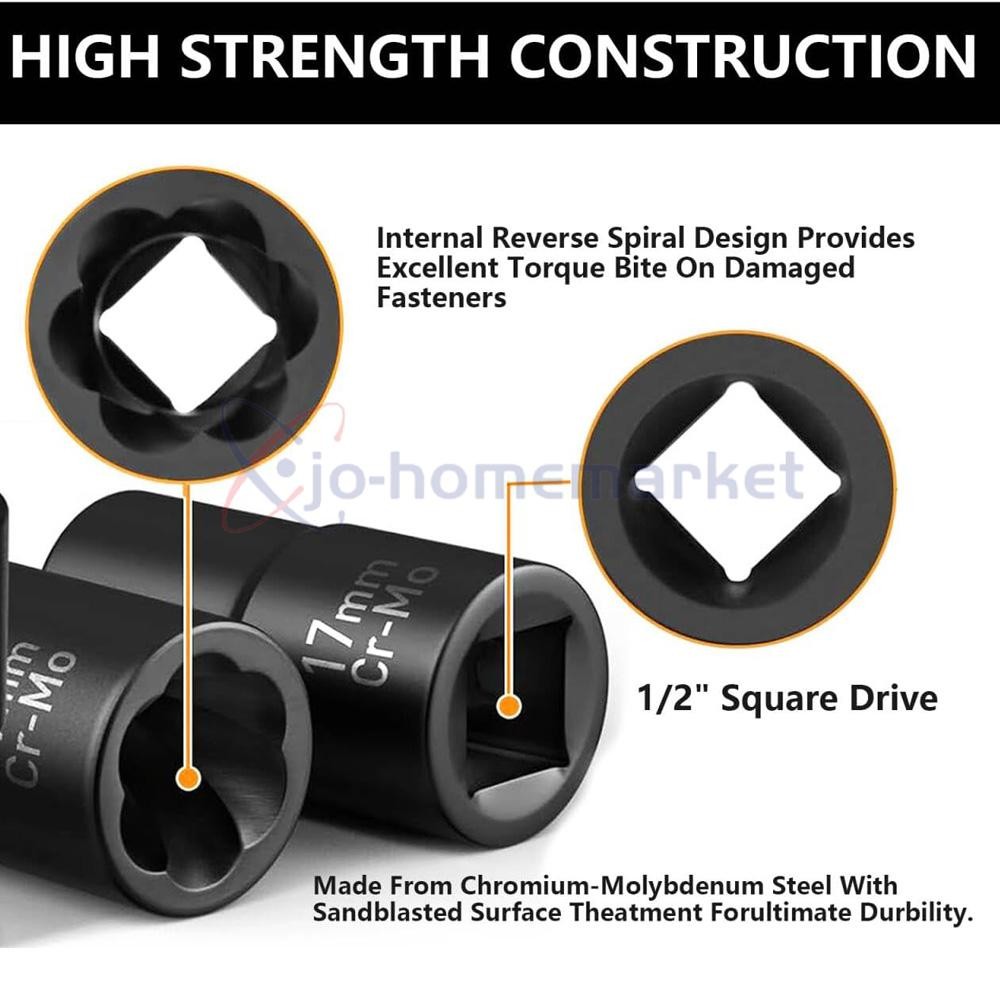 5Pcs Twist Socket 1/2” Drive For Wheel Lug Nut Damaged Removal and Extractor