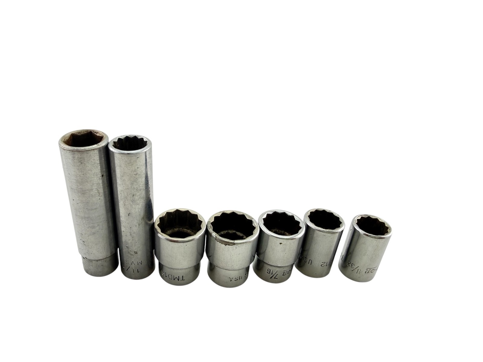 LOT OF 7 Snap-on 1/4″ Drive Deep Sockets 1/2 7/16 3/8 11/32
