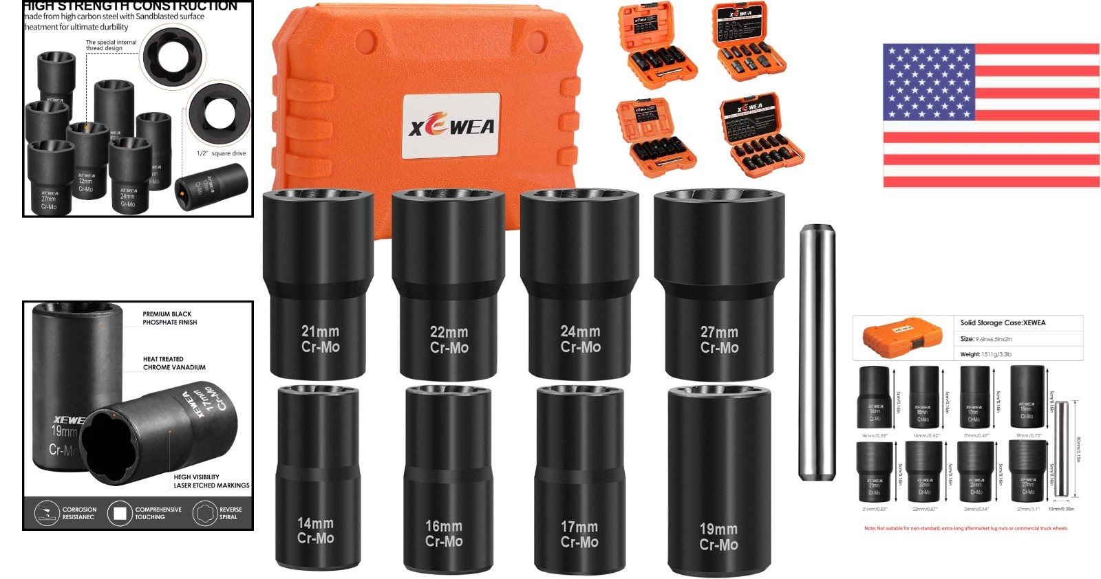 9PCS Lug Nut Extractor Set, 1/2″ Drive Impact Bolt Nut Remover Socket Tool, W…
