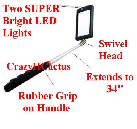 LED Extendable Telescoping 34″ Inspection SQUARE Mirror W/2 SUPER BRIGHT LEDs!