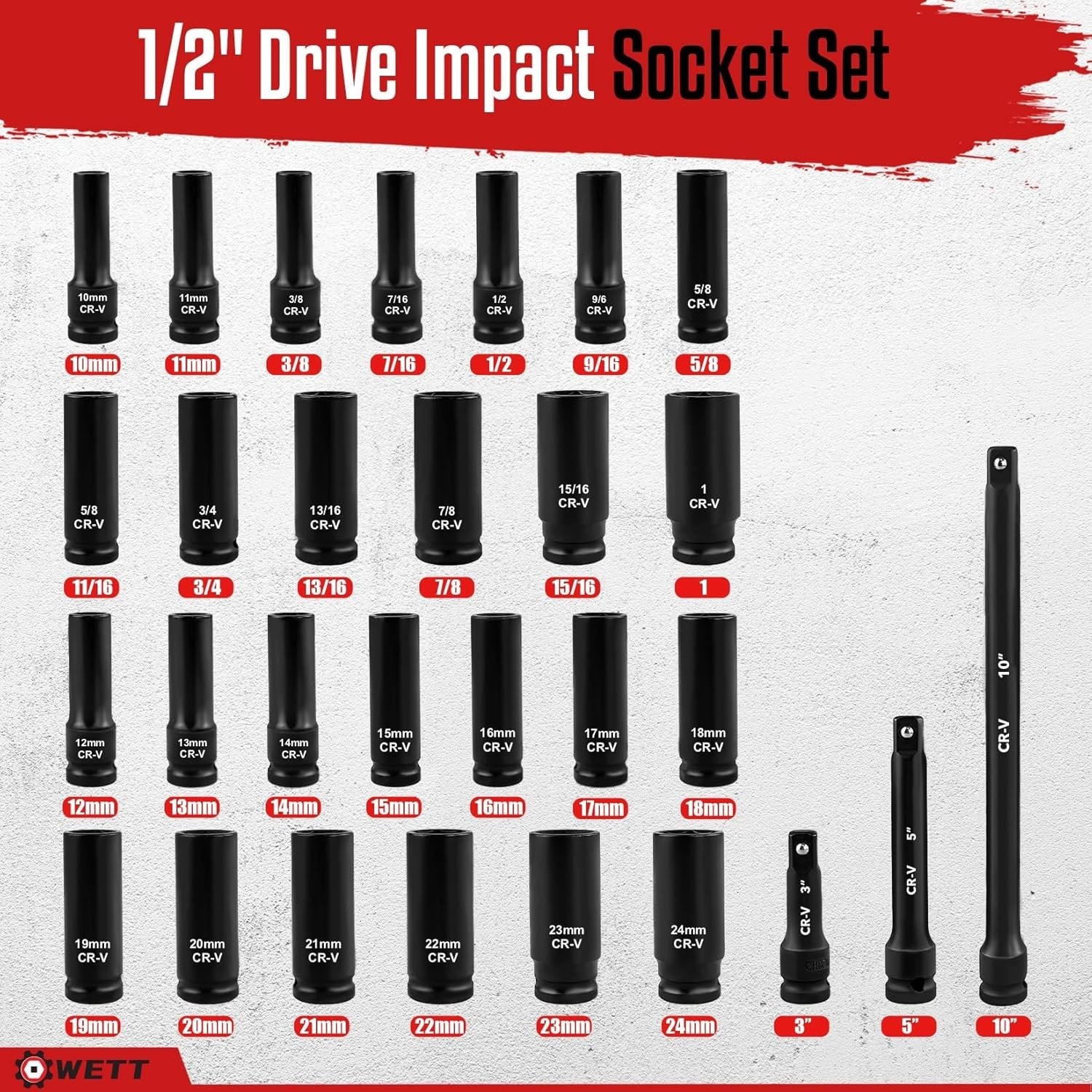 1/2″ Drive Impact Socket Set, 29 Piece Deep Socket with Extension Bar, Cr-V S…