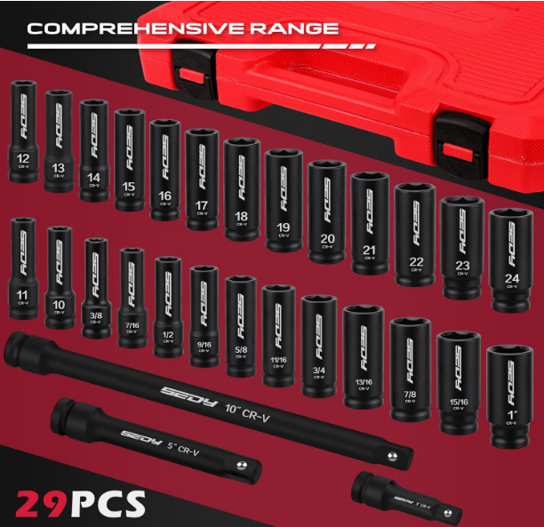 29-Piece 1/2″ Drive Impact Socket Set, SAE & Metric with Extension Bars