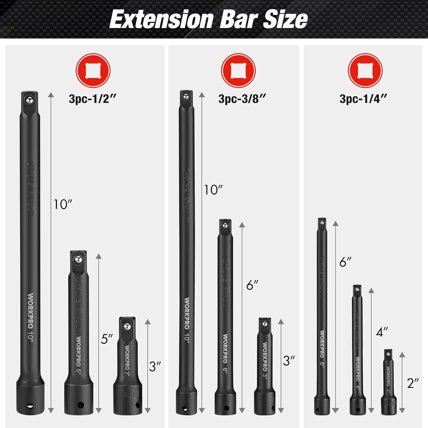 9 PCS Impact Driver Extension Bar Set, 1/4″, 3/8″ and 1/2″ Drive Socket Extensio