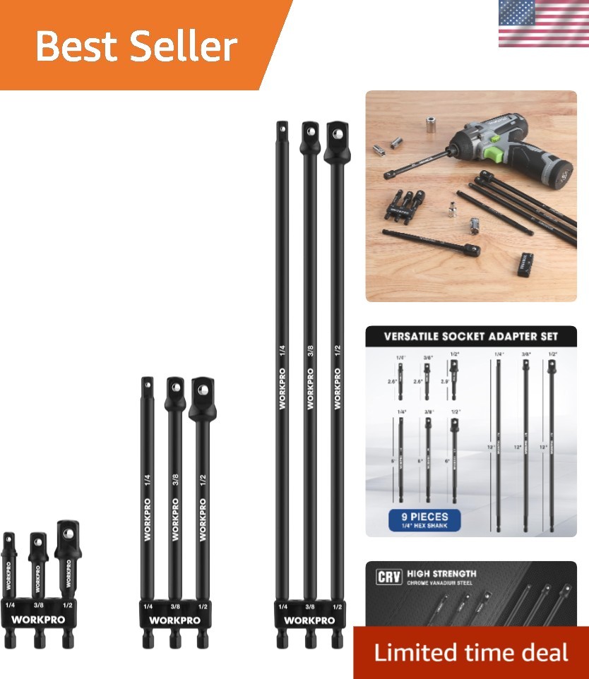 9-Piece Socket Extension Set – Compatible with 1/4-inch to 1/2-inch