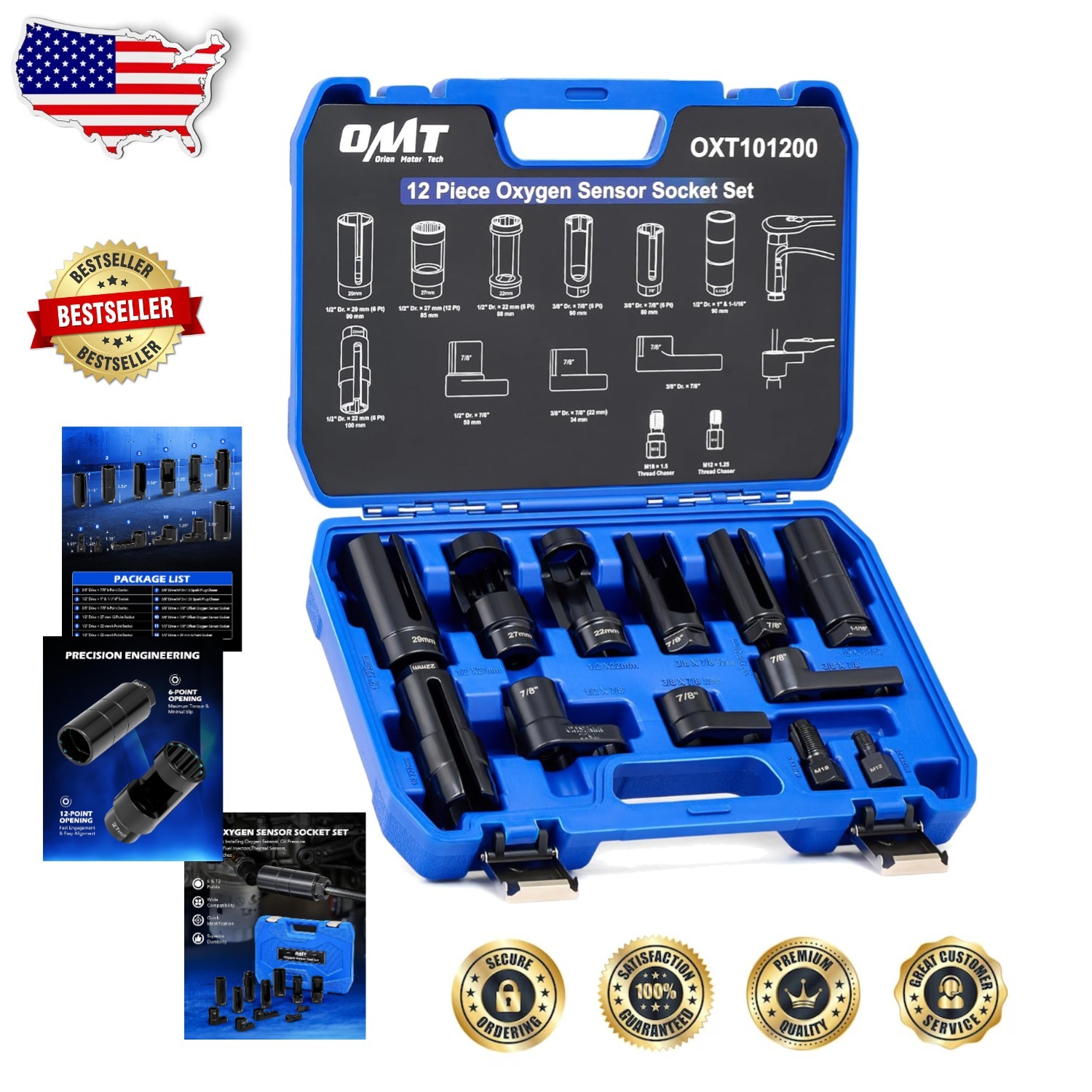 Heavy Duty 12pc O2 Sensor Socket Set Pro Removal Tool Kit 22mm 7/8″