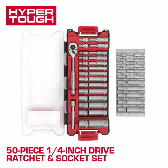 Hyper Tough 1/4-Inch Drive Ratchet and Socket Set, SAE and Metric, 50 Pieces