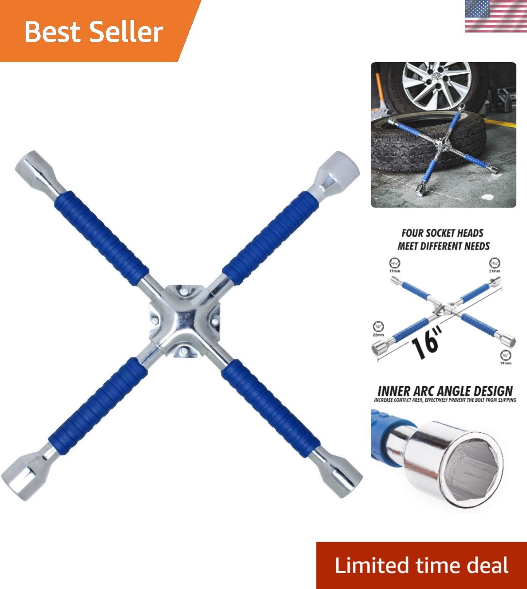 Universal 4-Way Lug Wrench – 16” Heavy-Duty Carbon Steel Tool for All Vehicles