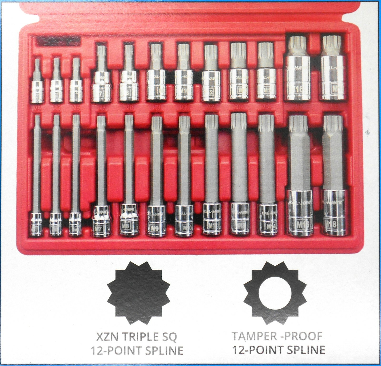 24pc LONG SPLINE & SHORT SPLINE BIT SOCKET SET S2 STEEL XZN TRIPLE SQUARE 12-PT