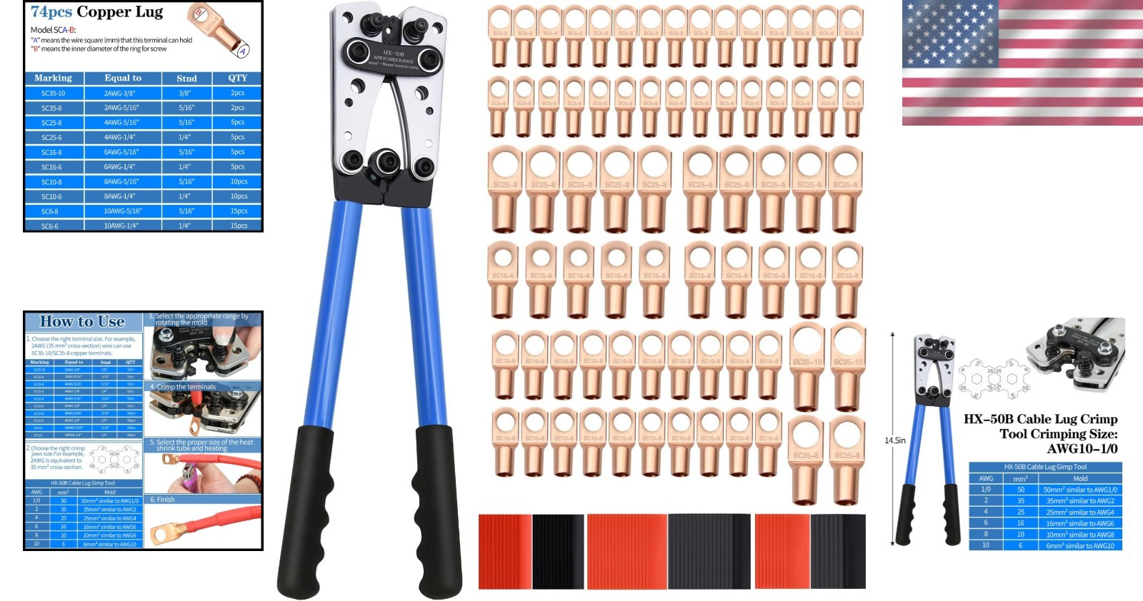 Cable Lug Crimping Tool with 74pcs Copper Wire Lugs, 100pcs Dual Silver/Grey