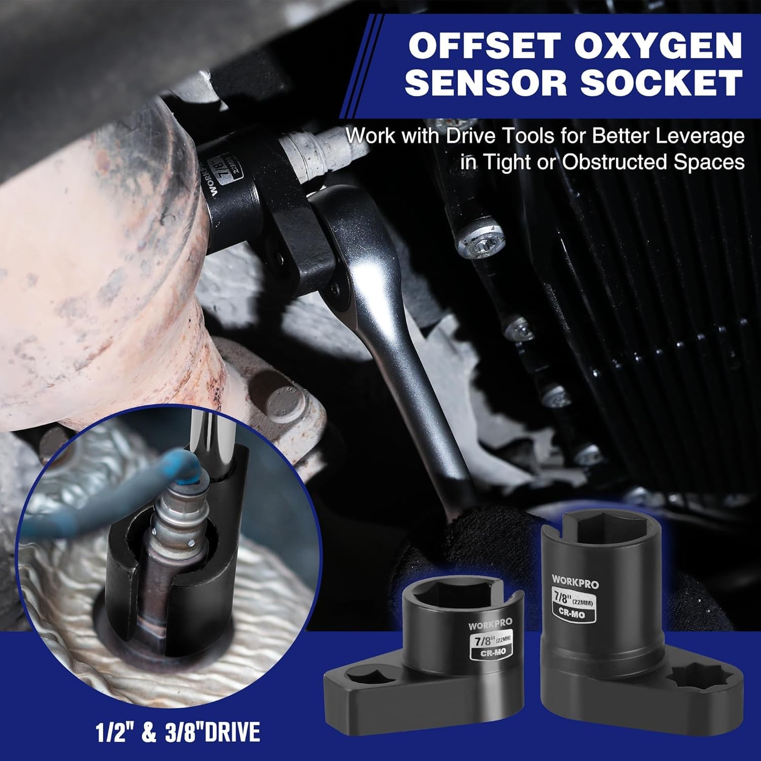 WORKPRO 6PC O2 Oxygen Sensor Socket Automotive 3/8″ 1/2″Drx1-1/16″7/8″ 27mm 22mm