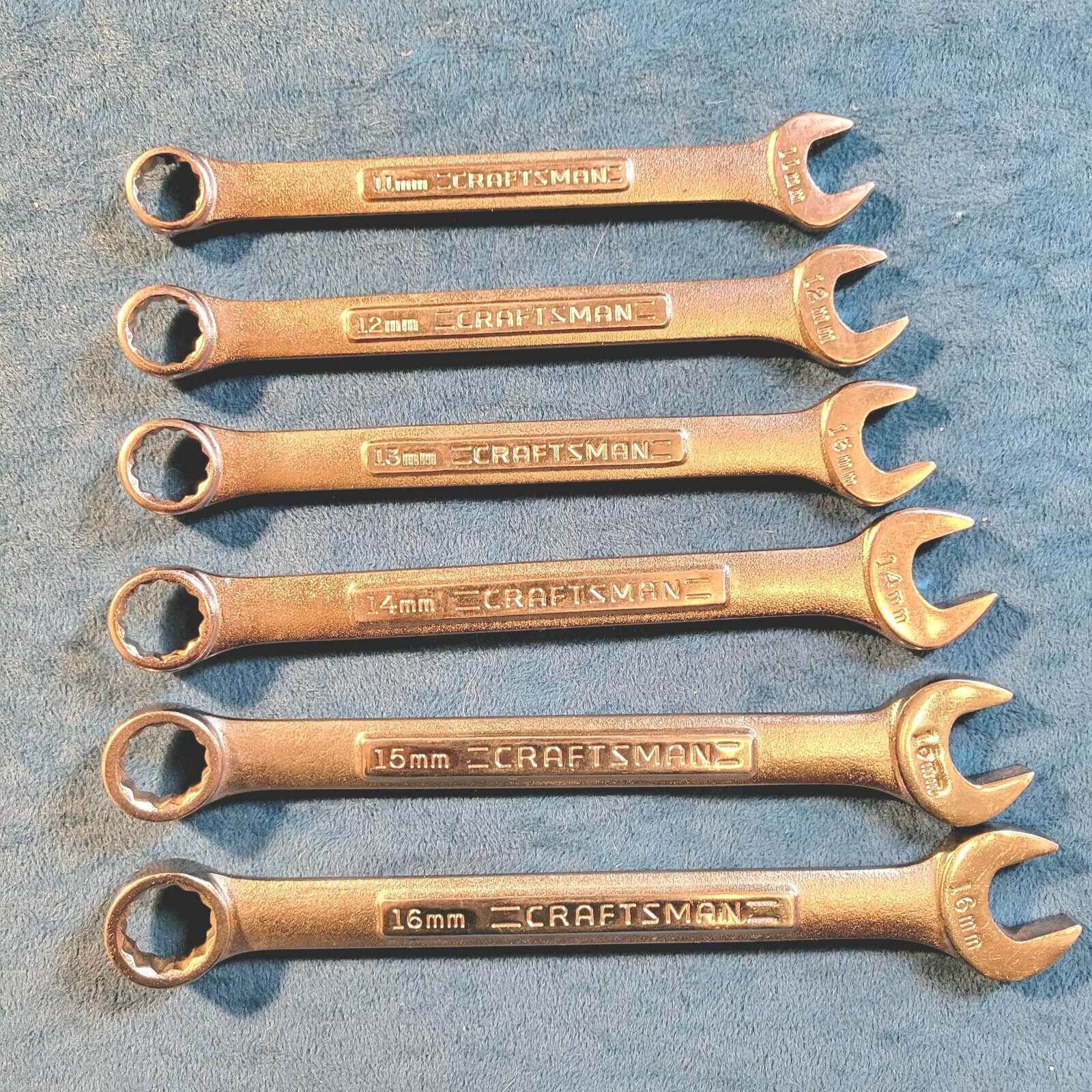 SIX CRAFTSMAN COMBINATION WRENCHES , 11mm, 12mm, 13mm, 14mm, 15mm, 16mm ; U.S.A.