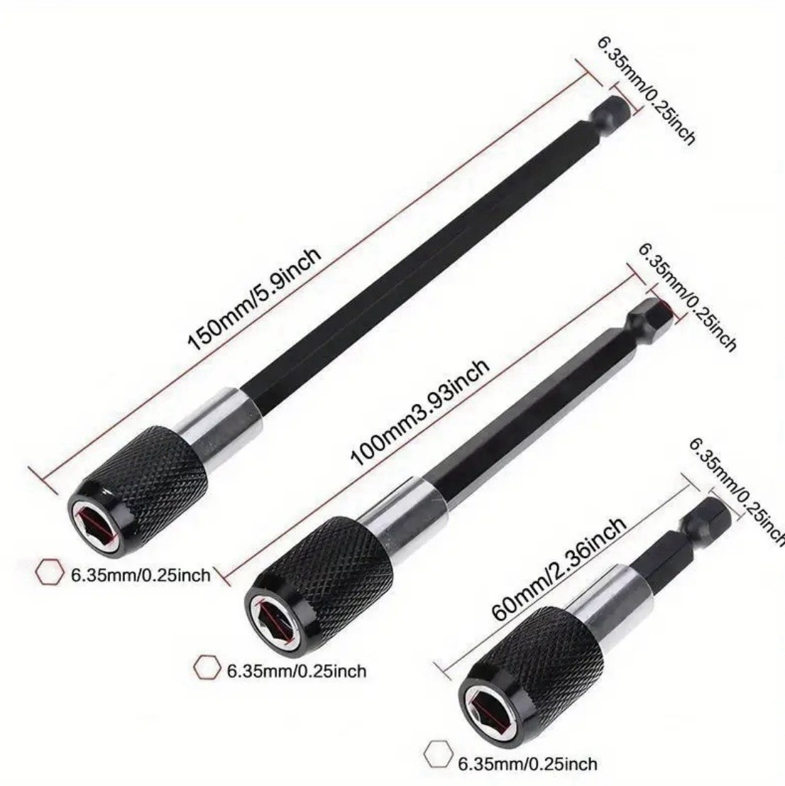 3 – Piece Positive Lock Screwdriver Hexagon Bit Holder Extension Set – 3 Lengths
