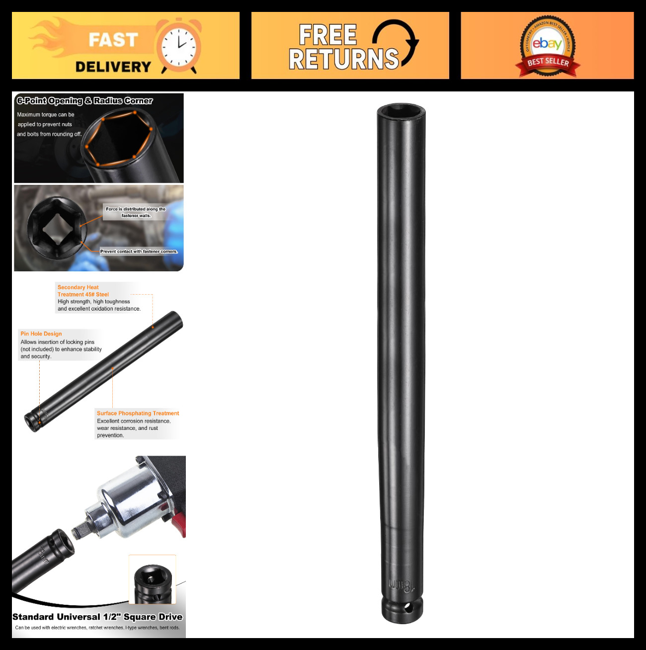 6-Point Deep Impact Socket 1/2″ Drive 18mm Extra Long Heat-Treated Steel for Aut