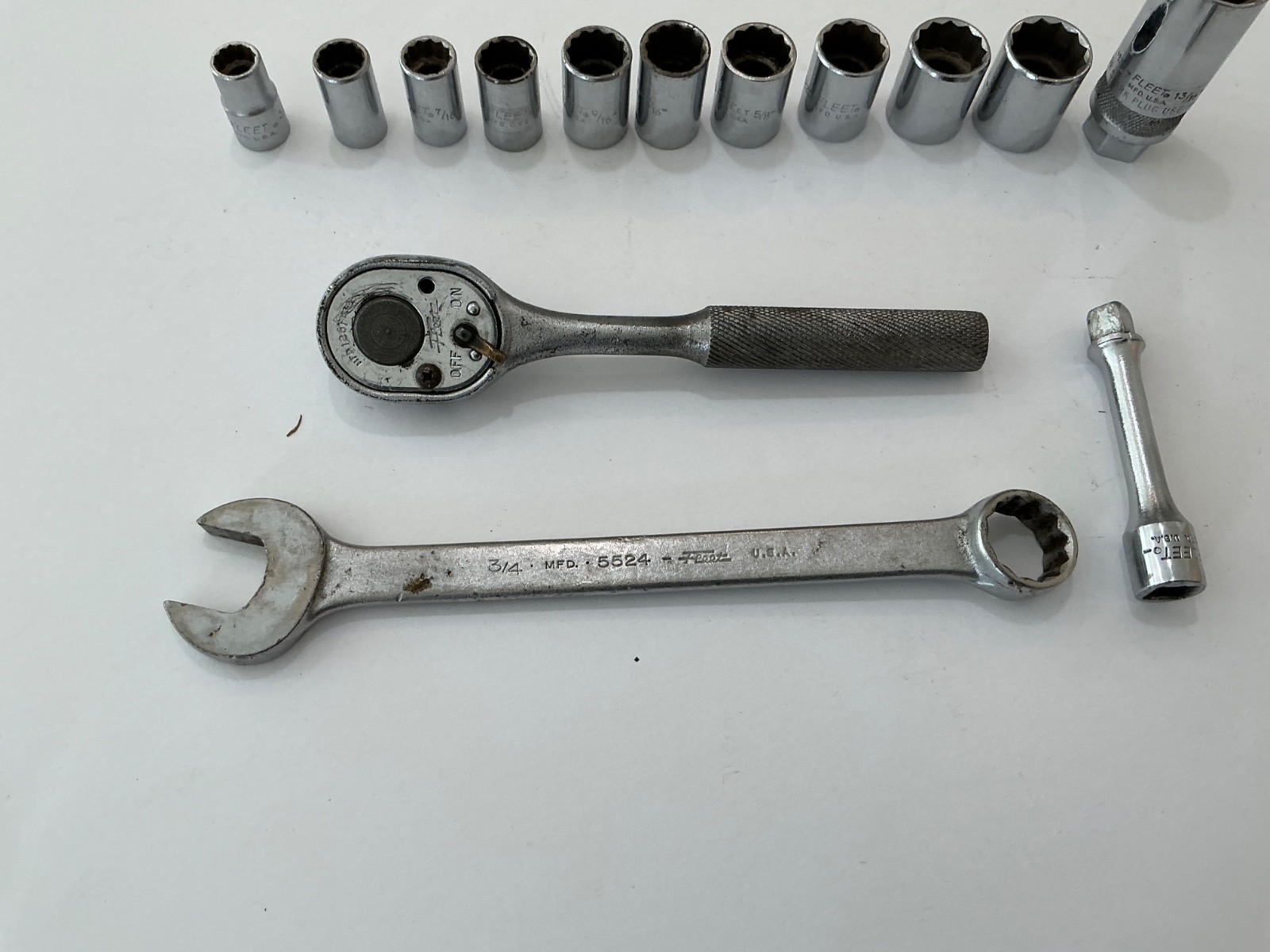 Asst Fleet tools 14 pc rathcet, extension, 11 sockets, wrench USA all for $25