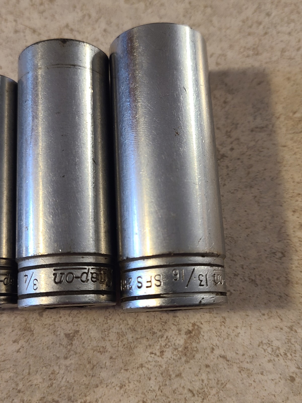 Lot Of Snap On 3/8” Drive Sockets SFS201, SFS241, SFS261, plus TW161 1/2″. Q22