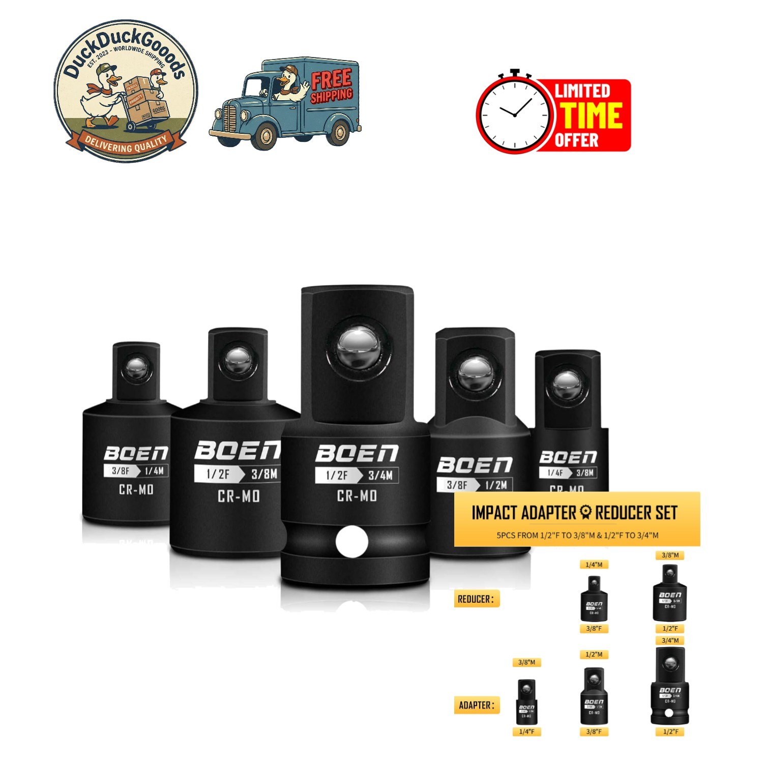 Versatile 5-Piece Drive Socket Adapter Set for 1/4, 3/8, 1/2 Inch Drives