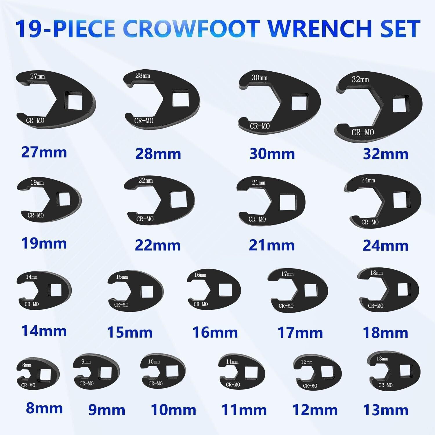 19PCS Crows foot Wrench Set 1/2″ and 3/8” Drive Flare Nut Crowfoot Wrench Set US