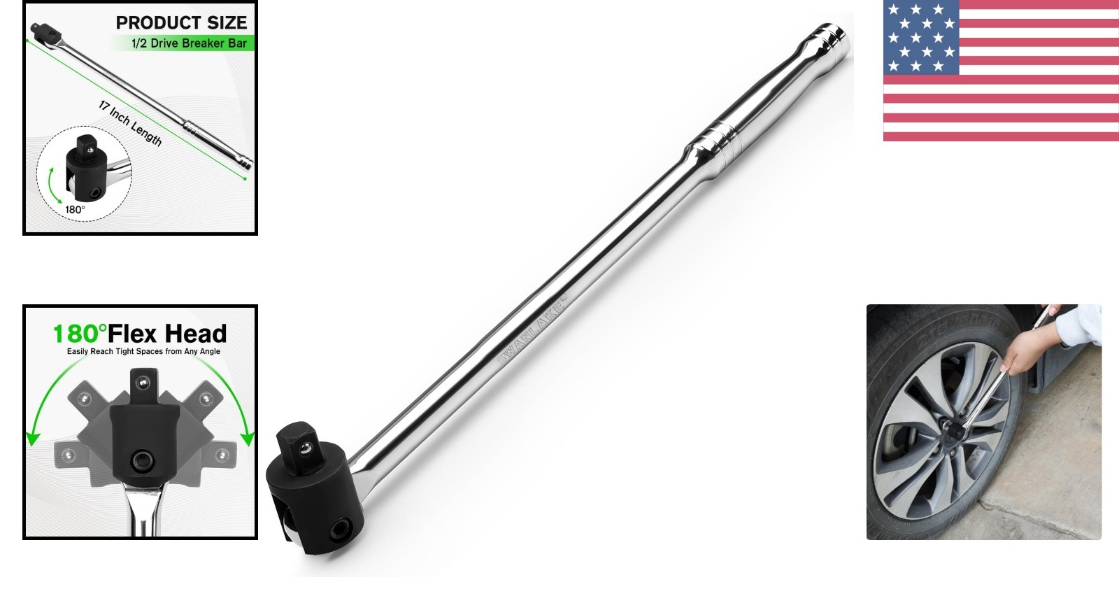SWANLAKE 1/2 Breaker Bar 17.5″ with 180° Rotatable Head for Tough Fasteners